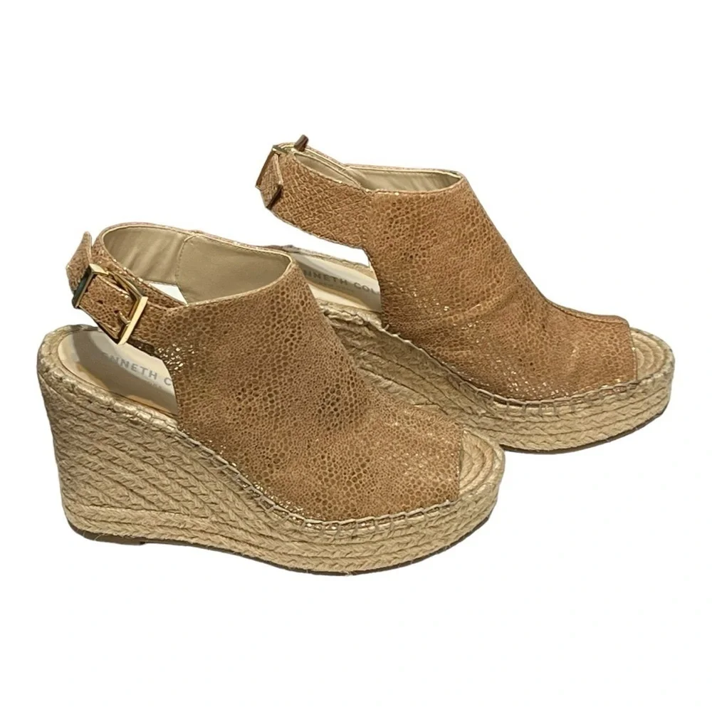 Kenneth Cole Odette Espadrille 7.5 Tan Metallic Leather Slingback Wedged Heels